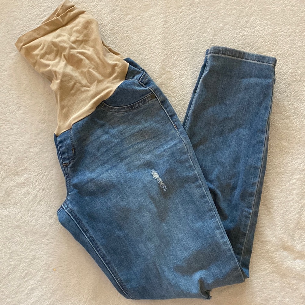 Indigo Blue Distressed Maternity Skinny Jeans